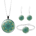 Parure de bijoux mandala argentée avec collier, bracelet et boucles d'oreilles verts - Mandala Vert-Jaune (XSWX6842-12)