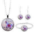 Silver jewelry set featuring purple butterfly glass stone necklace, bracelet and earrings - Purple Butterfly Style (XSWX6857)