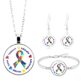Set gioielli autismo in argento con nastro puzzle colorato su ciondolo in vetro - Set 4 Pezzi Nastro Puzzle Consapevolezza Autismo (XSWX6858)