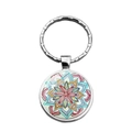 Macro detail of silver mandala glass dome keychain with colorful bohemian flower pattern - Red Blue and Yellow Mandala Style (XSWX6884-2)