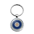 Close-up of silver mandala keychain with a blue geometric glass cabochon pendant - Blue Center Mandala Style (XSWX6884-7)