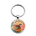 Hummingbird and flower glass dome pendant keychain with silver metal ring on white background - Green Hummingbird Orange Red Flower (XSWX6880-6)