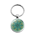 Mandala pattern time gem keychain with silver metal ring and glass dome pendant on white - Teal and Yellow Symmetric Mandala Style (XSWX6884-12)