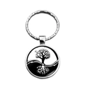 Macro detail of silver Tree of Life glass cabochon pendant on metal keychain ring - Black White Tai Chi Tree (XSWX6883-11)