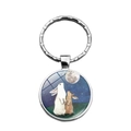 Portachiavi in argento con ciondolo cabochon in vetro e motivo di conigli e luna - Stile Illustrazione Coniglio che Guarda la Luna (XSWX6917)