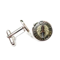 Detailed close-up of silver Viking compass cufflinks with wings and sword emblem - Sword Wings Rune Style (XSWX6779-5)