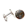 Detail showing the intricate Viking Valknut and steampunk gear pattern on silver cufflinks - Steampunk Rune Style (XSWX6779-4)