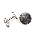 Macro shot of silver Viking compass cufflinks with Nordic runic engravings on white background - Celtic Knot Rune Style (XSWX6779-3)