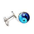 Dettaglio dei gemelli d'argento con motivi drago Yin Yang blu e bianchi e chiusura laterale - Drago Blu Yin Yang (XSWX6780-1)