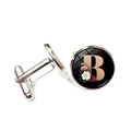 Silberne Herren Manschettenknöpfe mit Buchstabe B und Rosendesign auf Schwarz - Buchstabe B