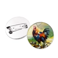 Artistic rooster oil painting brooch with round glass dome and silver metal base - Rooster Pattern 5 (XSWX6640-5) / Silver