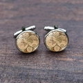 Vintage world map glass cufflinks in silver tone metal on a dark wood background - Nostalgic Gentleman Map Style (XSWX6793-4)