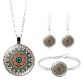 Parure bijoux mandala argentée avec collier rond, boucles d'oreilles et bracelet - Mandala Orange Vert Noir (XSWX6842-9)