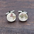 Vintage world map glass dome cufflinks with silver-tone base on dark wood surface - Vintage Nautical Map Style (XSWX6793-2)