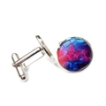 Macro detail of silver galaxy nebula cufflinks with polished glass dome and metal base - Purple Pink Nebula (XSWX6789-4)