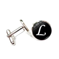 Detail of silver round cufflinks with black background and cursive white letter L - Letter L Style