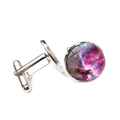 Detailed view of silver round cufflinks featuring a galaxy nebula glass dome pattern - Pink Purple Galaxy (XSWX6789-5)