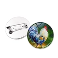 Round oil painting rooster brooch with silver metal backing and safety pin closure - Rooster Pattern 7 (XSWX6640-7) / Silver
