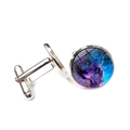 Detail of silver galaxy cufflinks featuring a blue and purple nebula glass dome inlay - Blue Purple Nebula (XSWX6789-6)