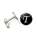 Close-up of silver-tone round cufflinks featuring a white letter T on black background - Letter T Style
