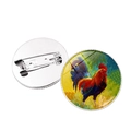 Rooster oil painting glass cabochon brooch with vintage silver metal pin base - Rooster Pattern 10 (XSWX6640-10) / Silver