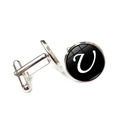 Detailed view of silver mens cufflinks featuring a black round disk with white letter V - Letter U Style