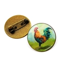 Vintage bronze rooster oil painting brooch with glass cabochon and safety pin back - Rooster Pattern 2 (XSWX6640-2) / Antique Bronze