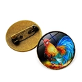 Vintage rooster oil painting brooch with bronze alloy finish and glass cabochon - Rooster Pattern 3 (XSWX6640-3) / Antique Bronze