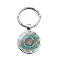 Mandala glass gemstone keychain with colorful geometric pattern in silver metal ring - Teal and Yellow Mandala Style (XSWX6884-1)