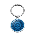 Silver mandala keychain with deep blue glass cabochon pendant and steel ring - Dark Blue Mandala Style (XSWX6884-5)