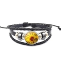 Detailed view of handmade braided leather bracelet with sunflower glass gem and beads - Minimalist Art Sunflower (XSWX6794-9)