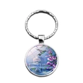 Hummingbird and purple flowers glass dome keychain with silver finish metal ring - Hummingbird Fountain Purple Flower (XSWX6880-7)