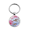 Silver hummingbird and pink floral glass gem keychain with circular metal ring - Hummingbird Pink Flower (XSWX6880-8)