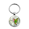 Silver hummingbird glass gem keychain with colorful art illustration on white background - Black Vine Hummingbird (XSWX6880-9)