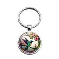 Silver hummingbird glass dome keychain with colorful floral art pattern and ring - Domed Time Gem Hummingbird (XSWX6880-10)