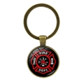 Classic bronze fireman keychain with glass cabochon Fire Dept Maltese Cross logo - Antique Bronze