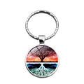 Silver Tree of Life keychain featuring a round glass pendant with a vibrant sunset design - Sunset Glow Mirror Design (XSWX6883-10)