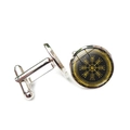 Silver cufflinks with golden Viking Compass Vegvisir symbol on a black textured background - Black Gold Compass Style (XSWX6779-7)