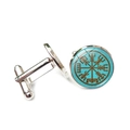 Vintage Viking compass cufflinks with teal glass cabochon in polished silver setting - Cyan Base Compass Style (XSWX6779-9)
