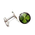 Boutons de manchette argentés avec trèfle à quatre feuilles vert et fermoir en T - Style Trèfle à Quatre Feuilles avec Rosée (XSWX6783-6)