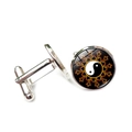 Silver-colored cufflinks featuring yin-yang patterns with yellow sunburst glass dome - Sun Flame Yin Yang (XSWX6780-11)