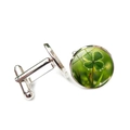 Boutons de manchette en argent avec trèfle à quatre feuilles vert et fermoir en T - Style Trèfle avec Fond Herbe Flou (XSWX6783-12)