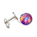 Silver cufflinks with vibrant nebula glass dome showing deep purple and blue cosmic patterns - Colorful Rainbow Nebula (XSWX6789-11)