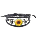 Multilayer leather bracelet featuring a vibrant sunflower glass charm and black beads - Retro Floral Style (XSWX6794-4)