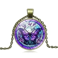 Collar con colgante de mariposa de vidrio bronce vintage y patrón artístico morado para mujer - Bronce Antiguo