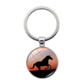 Silver metal keychain featuring a glass dome pendant with a horse silhouette at sunset - Sunset Horse Silhouette (XSWX7172-5)