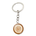 Detailed macro view of metal keychain featuring coffee latte art in round glass dome pendant - Four-Leaf Clover Texture Style (XSWX7178-9)