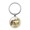 Polished metal keychain with a vintage circular pendant featuring three horses by water - Vintage Style Horse Illustration (XSWX7172-4)