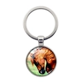 Silver metal keychain with a round horse portrait pendant over a white background - Realistic Brown Horse Photo (XSWX7172-2)