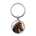 Silver horse head keychain with round glass cabochon pendant on white background - Brown Horse Head Illustration (XSWX7172-1)